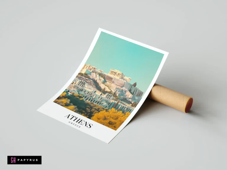 Vintage travel poster of the Athens Acropolis featuring a teal sky and warm yellow landscape.