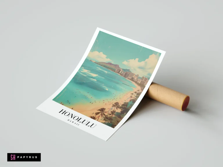 Vintage Honolulu Hawaii travel poster featuring Waikiki Beach, palm trees, and a teal ocean view.
