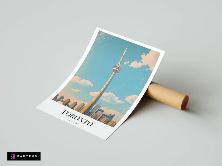 Retro vintage Toronto travel poster featuring the CN Tower against a pastel blue sky.