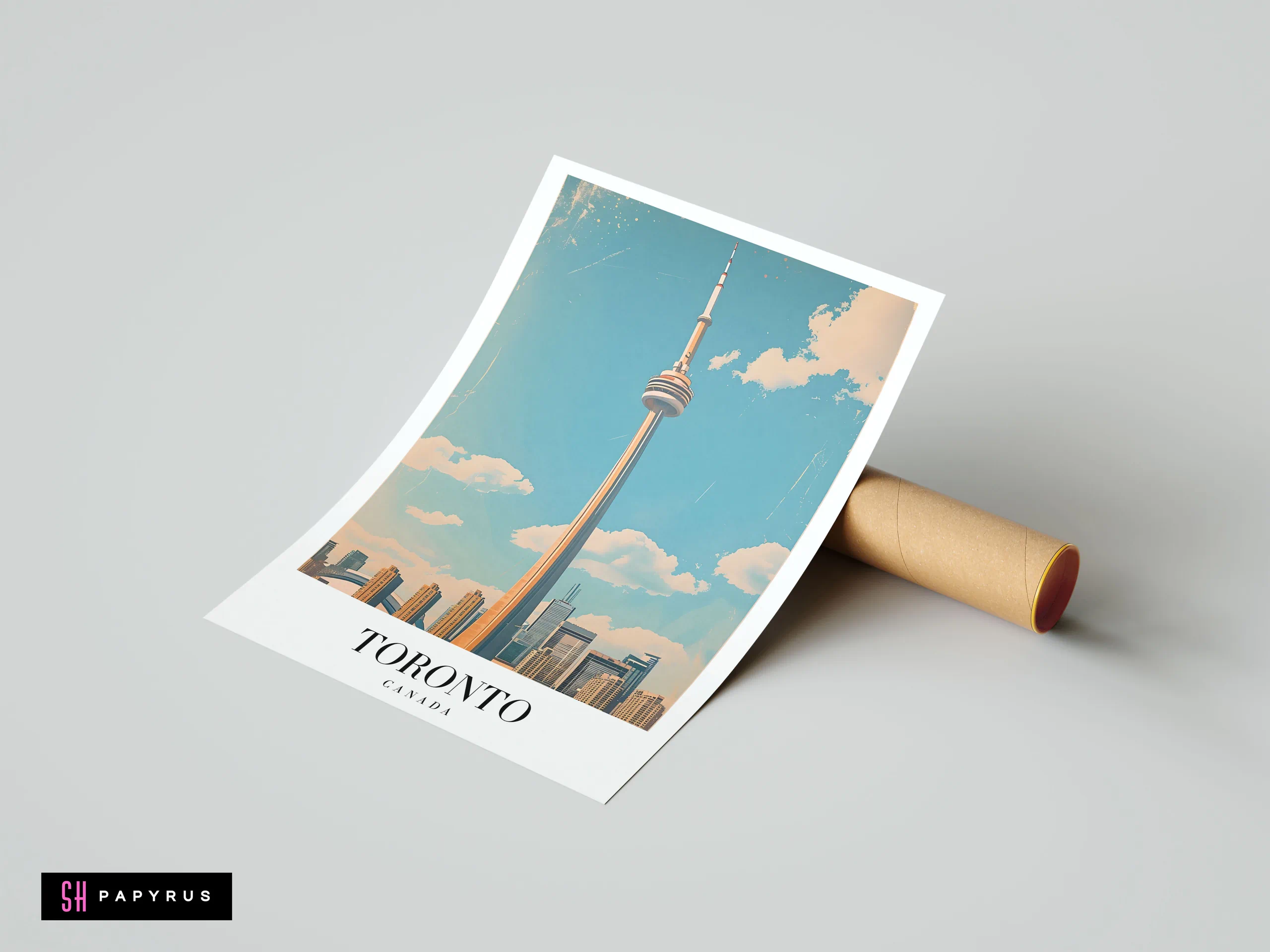 Retro vintage Toronto travel poster featuring the CN Tower against a pastel blue sky.