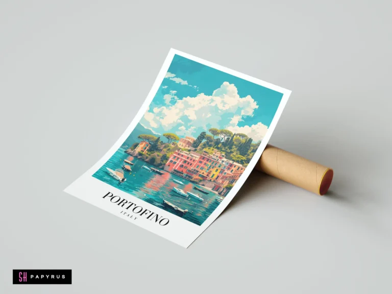 Vibrant travel poster of Portofino harbor with colorful buildings, turquoise water, and vintage art style.