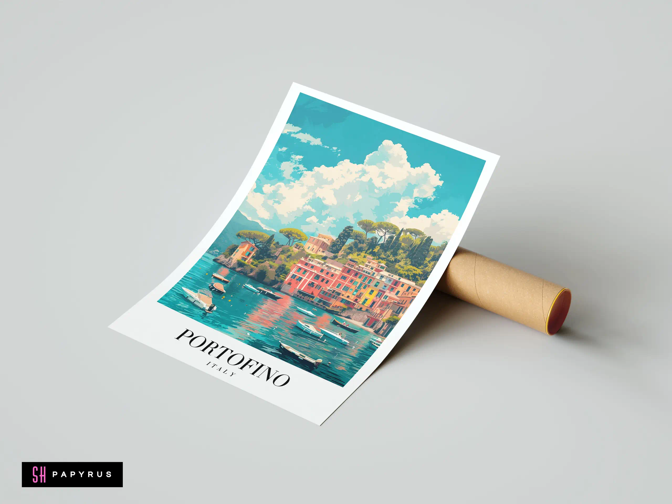 Vibrant travel poster of Portofino harbor with colorful buildings, turquoise water, and vintage art style.