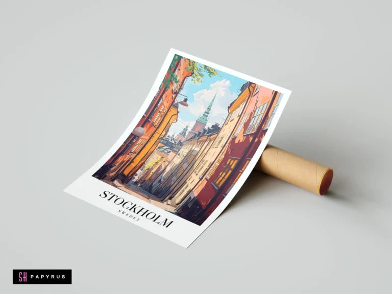 Vibrant illustration of Stockholm Old Town featuring narrow streets and warm-toned architecture.