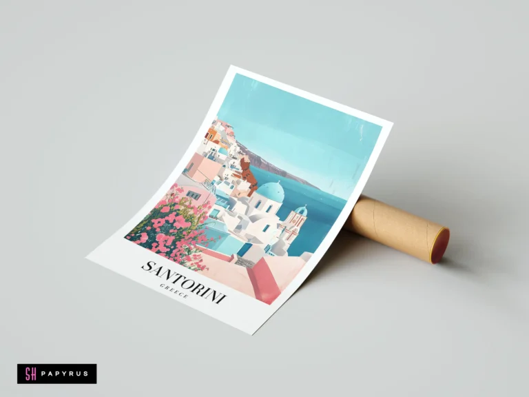 Modern Santorini travel poster art featuring white buildings, blue domes, and pink bougainvillea.