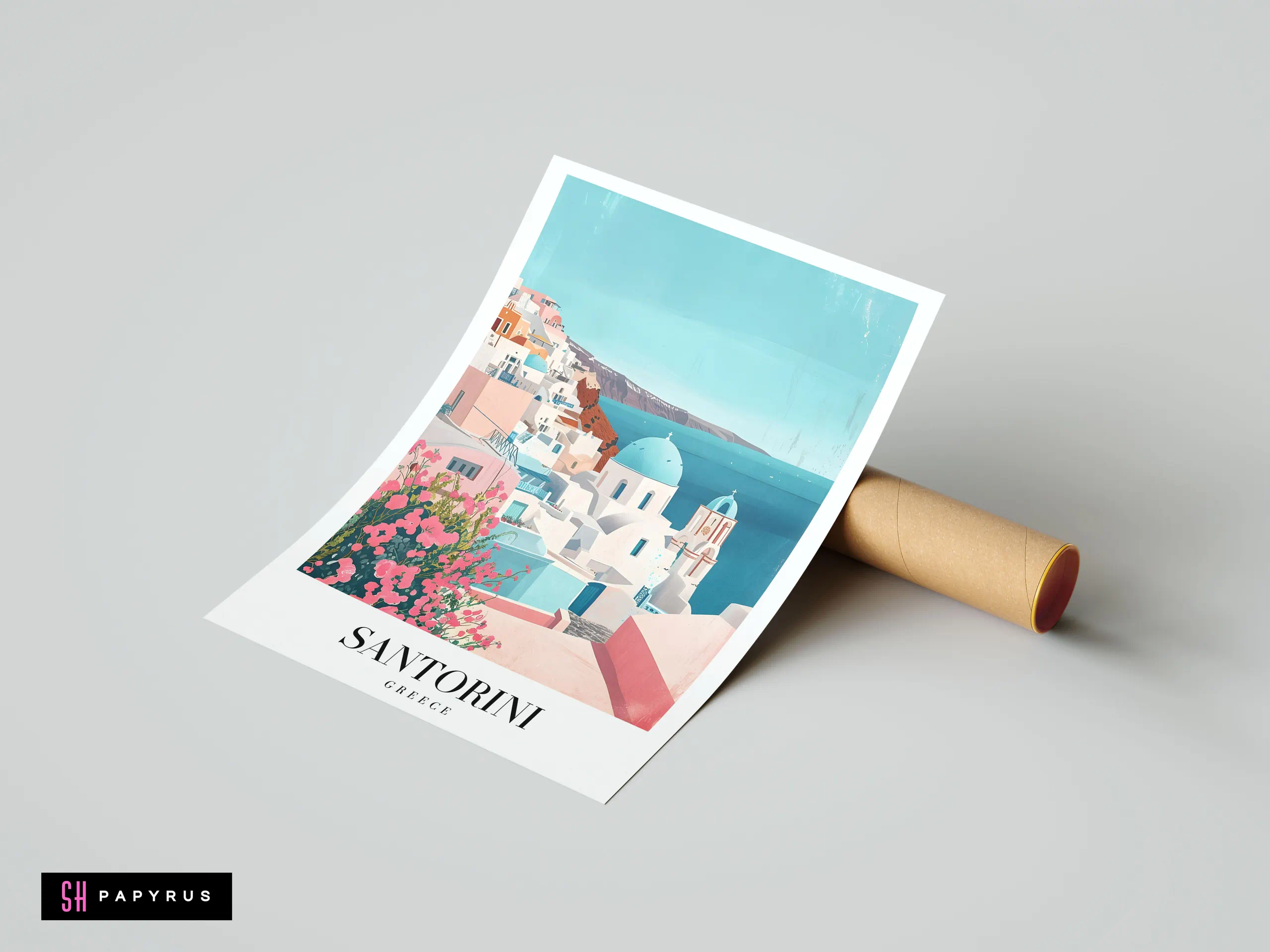 Modern Santorini travel poster art featuring white buildings, blue domes, and pink bougainvillea.