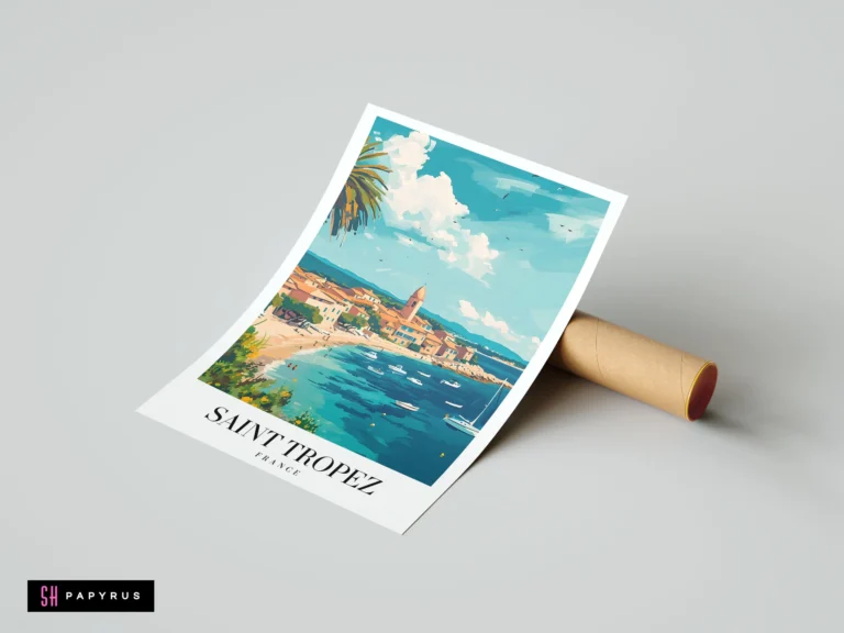 Colorful impressionistic Saint Tropez France art print showing a sunny Mediterranean harbor and village.