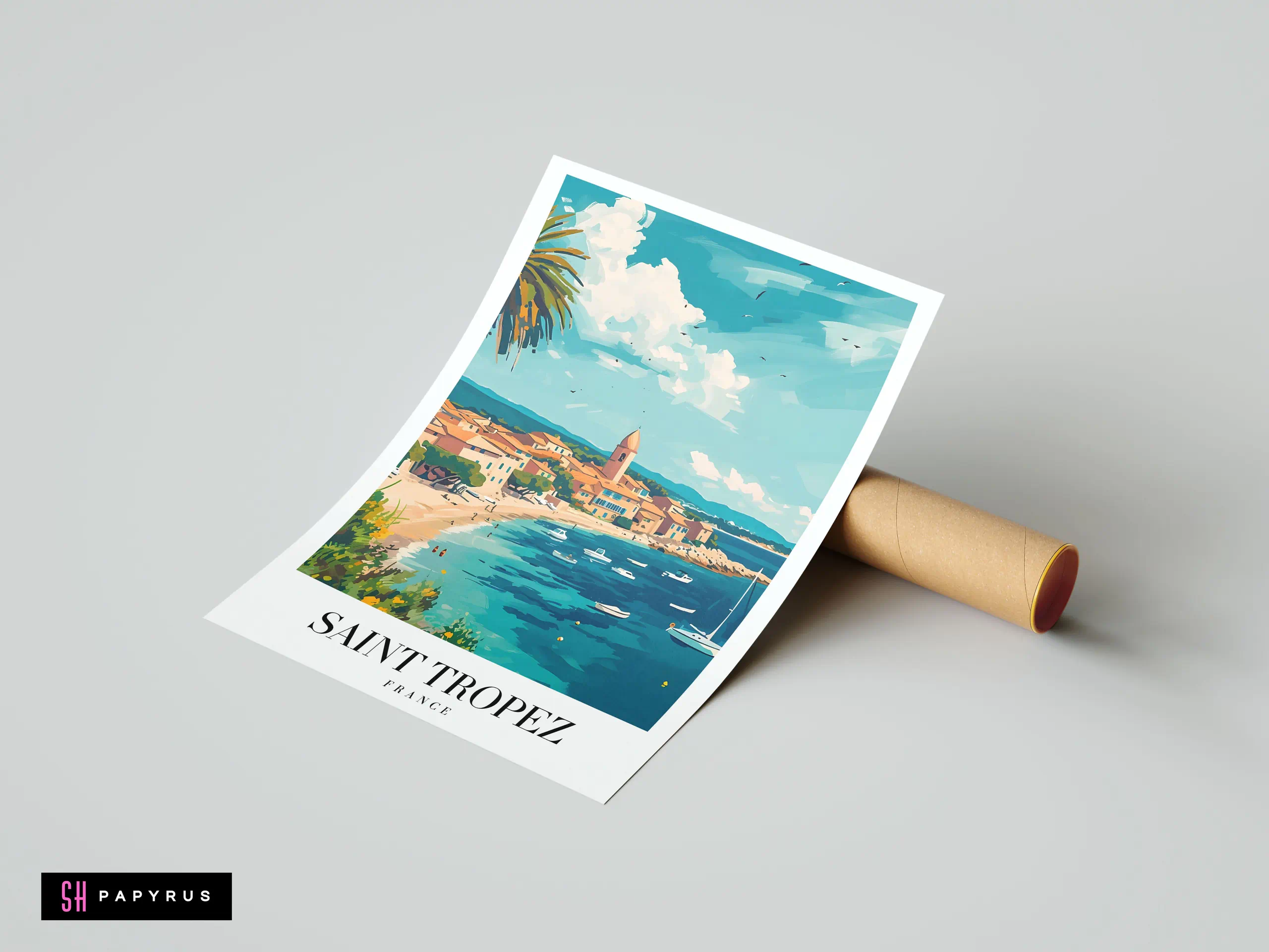 Colorful impressionistic Saint Tropez France art print showing a sunny Mediterranean harbor and village.
