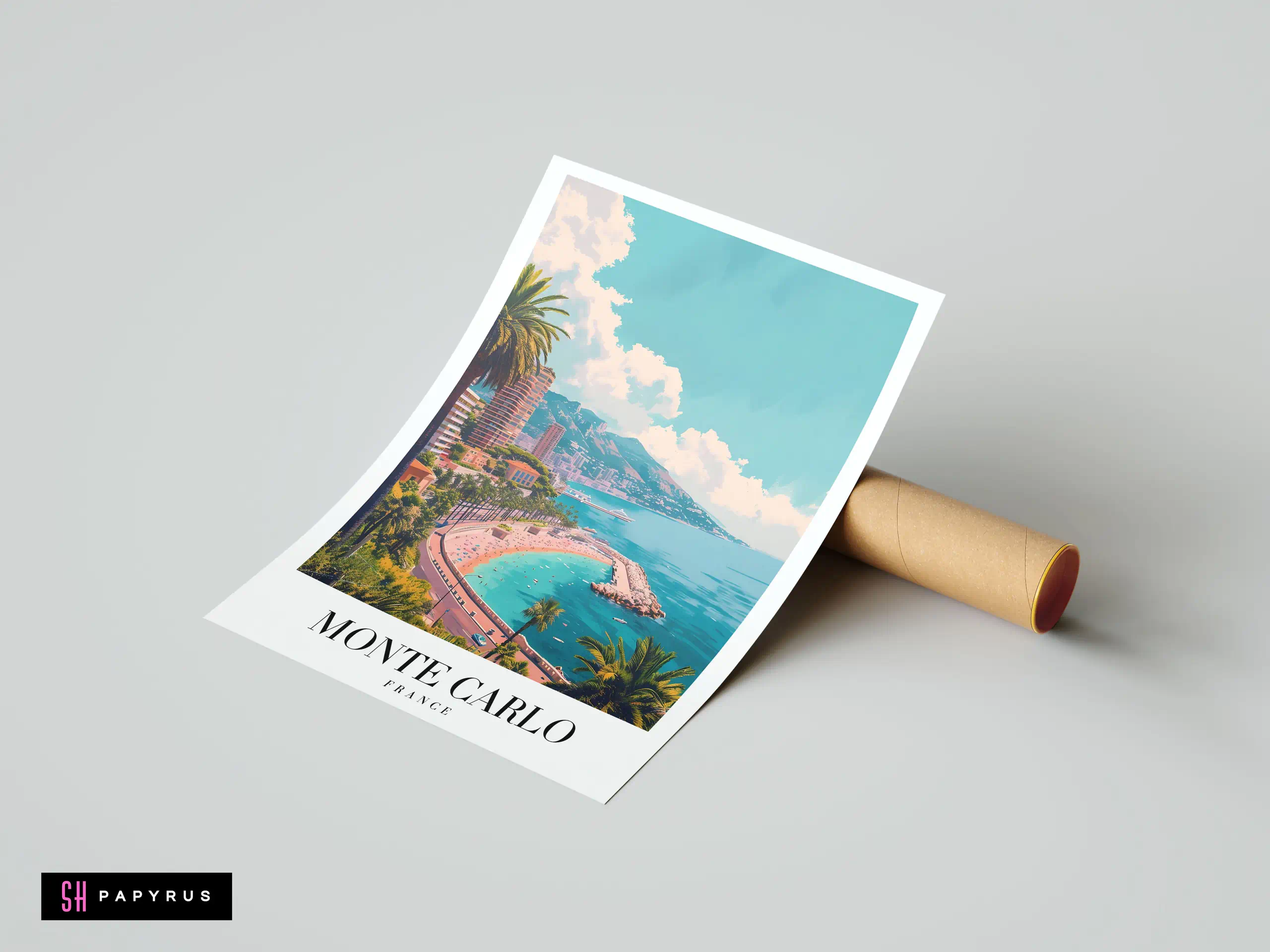 Vintage Monte Carlo travel poster featuring palm trees, turquoise water, and scenic coastal architecture.