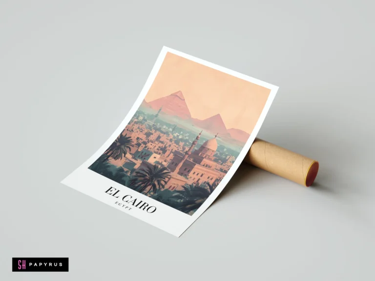 Mystical El Cairo travel poster showcasing Giza pyramids and city architecture in soft pastel hues.
