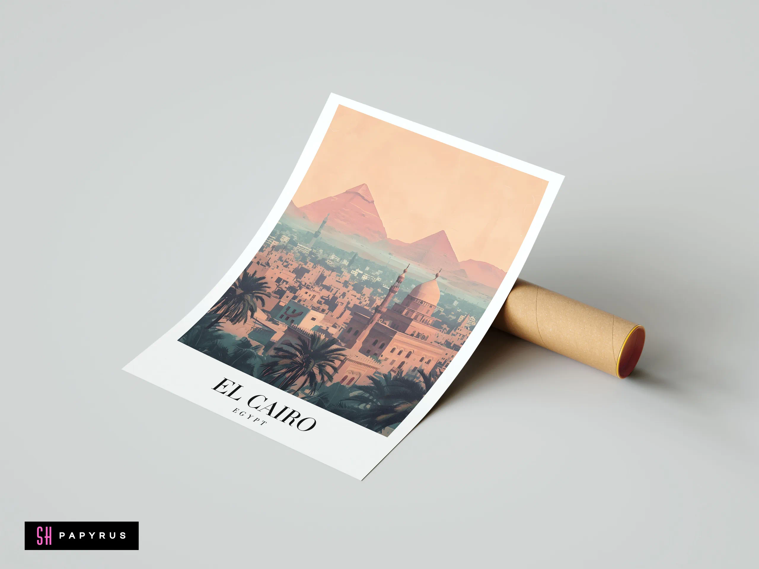Mystical El Cairo travel poster showcasing Giza pyramids and city architecture in soft pastel hues.