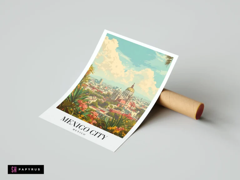 Vibrant Mexico City skyline travel poster in vintage illustrated style with lush tropical plants.