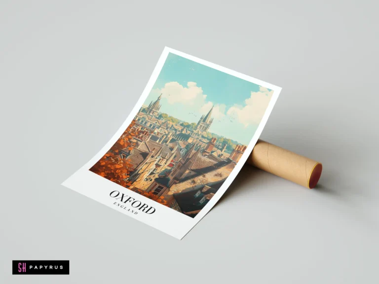 Illustrative Oxford England travel poster showcasing city rooftops and spires with autumn colors.