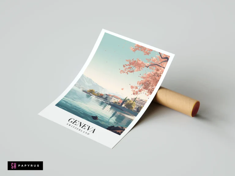 Serene Geneva travel poster featuring pink cherry blossoms over a calm lake in pastel colors.