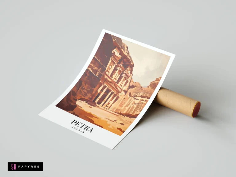 Minimalist travel poster illustration of the Petra Treasury in Jordan with warm earthy tones.