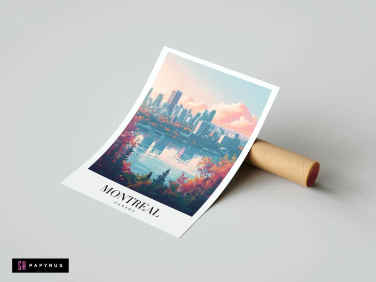 Vibrant Montreal skyline travel poster featuring autumn foliage and a scenic water reflection.