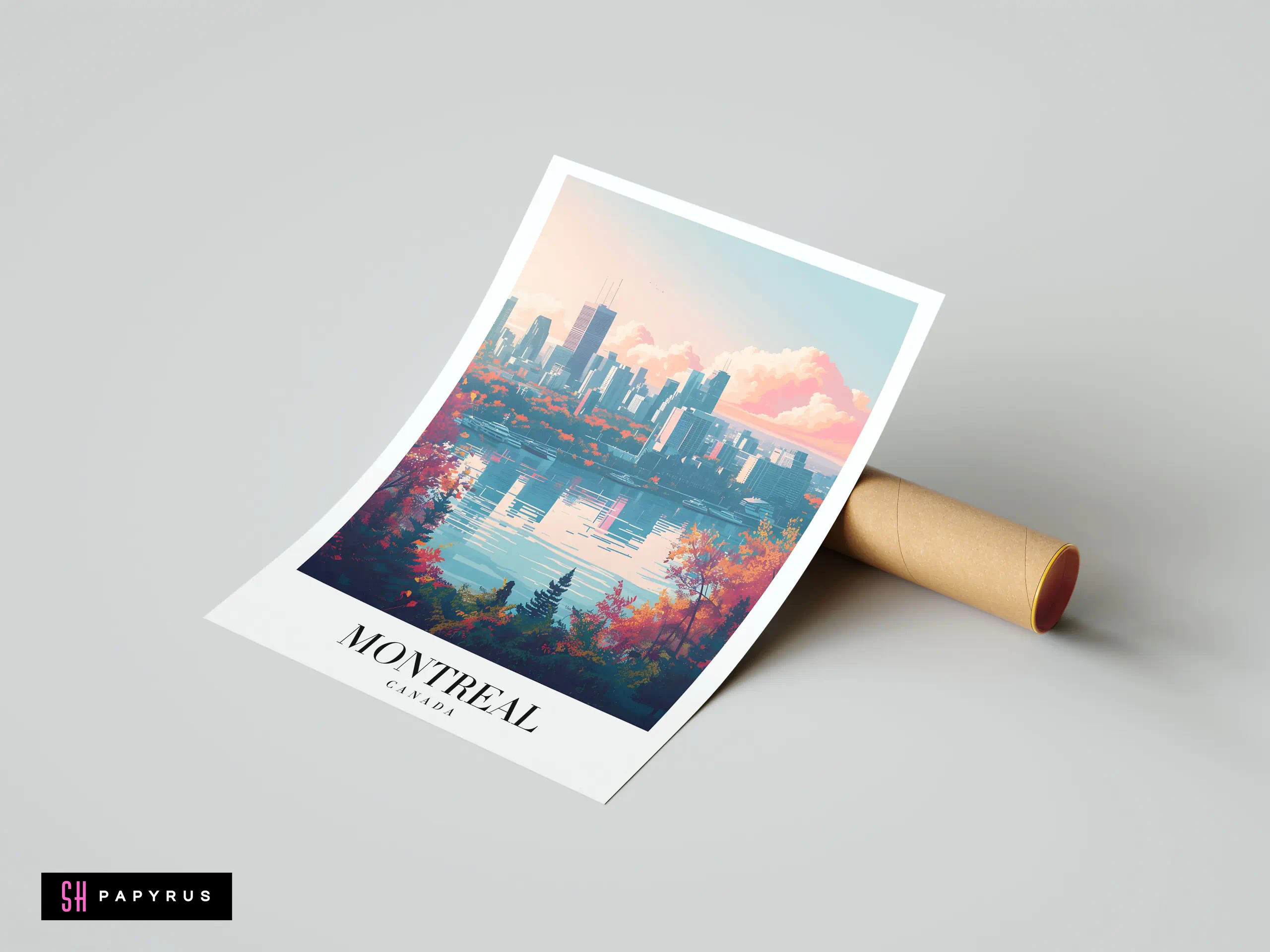 Vibrant Montreal skyline travel poster featuring autumn foliage and a scenic water reflection.