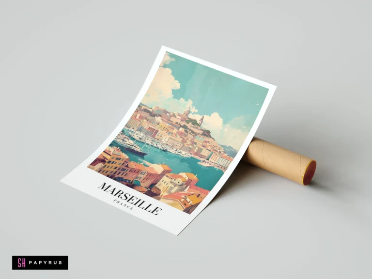 Retro Marseille travel poster showing a scenic harbor with pastel buildings and turquoise sea.