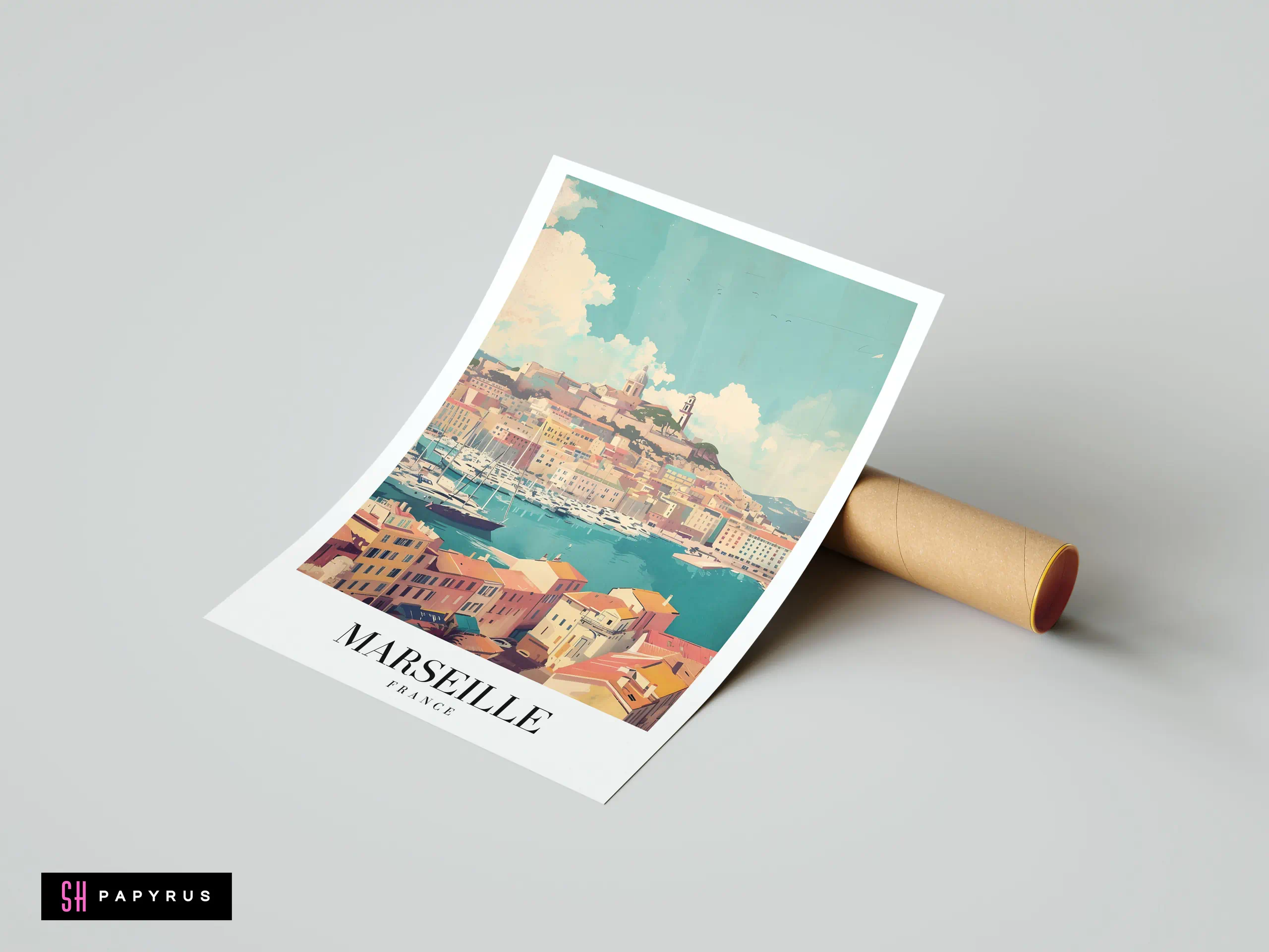 Retro Marseille travel poster showing a scenic harbor with pastel buildings and turquoise sea.
