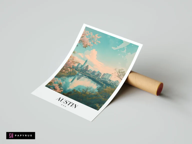 Dreamy Austin Texas skyline travel poster with pastel colors, spring blossoms, and water reflections.