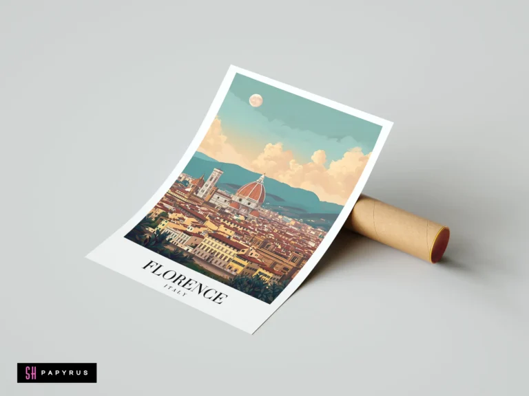 Vintage-style illustrated travel poster of Florence skyline and Duomo in warm pastel colors.