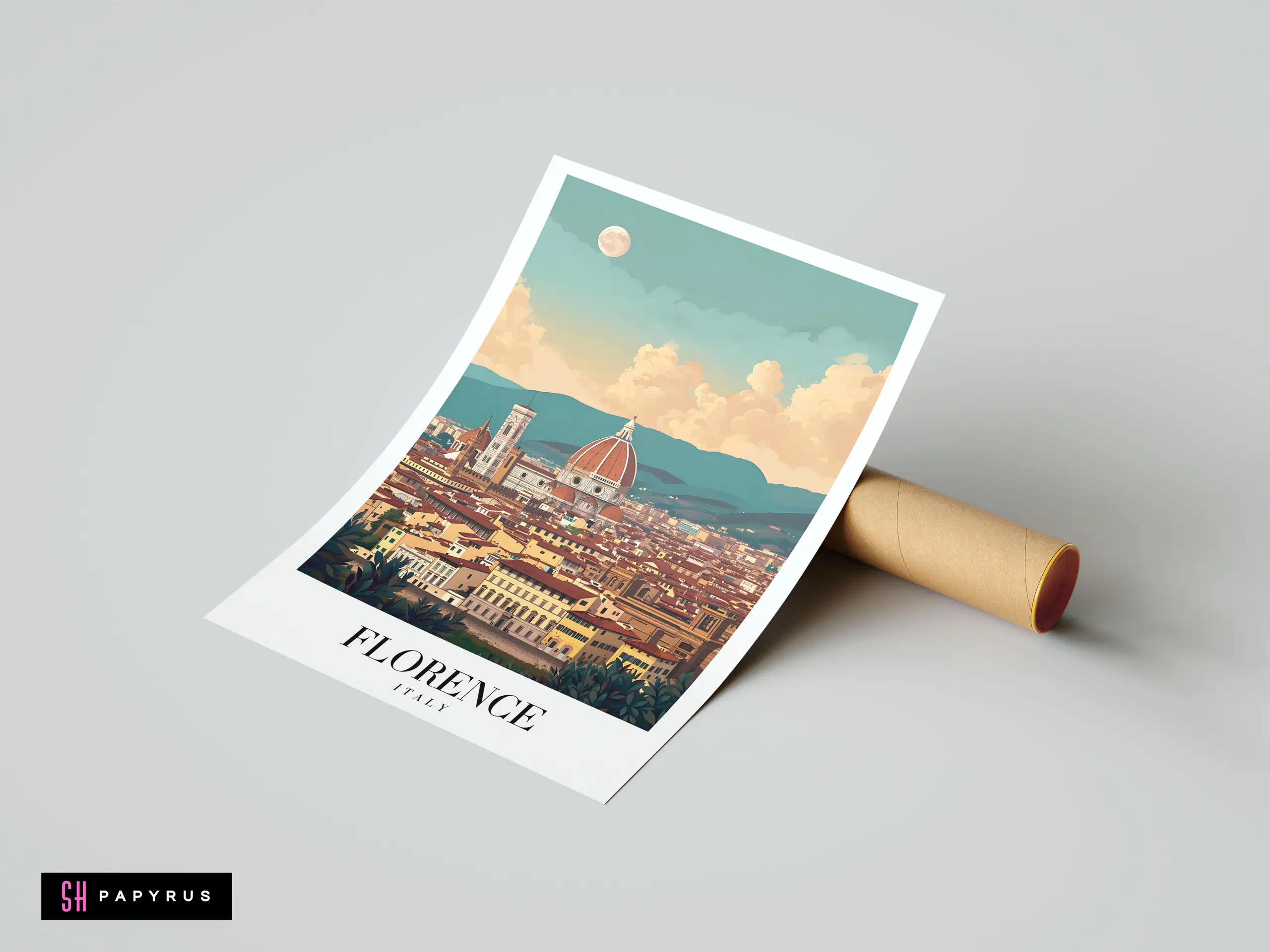 Vintage-style illustrated travel poster of Florence skyline and Duomo in warm pastel colors.