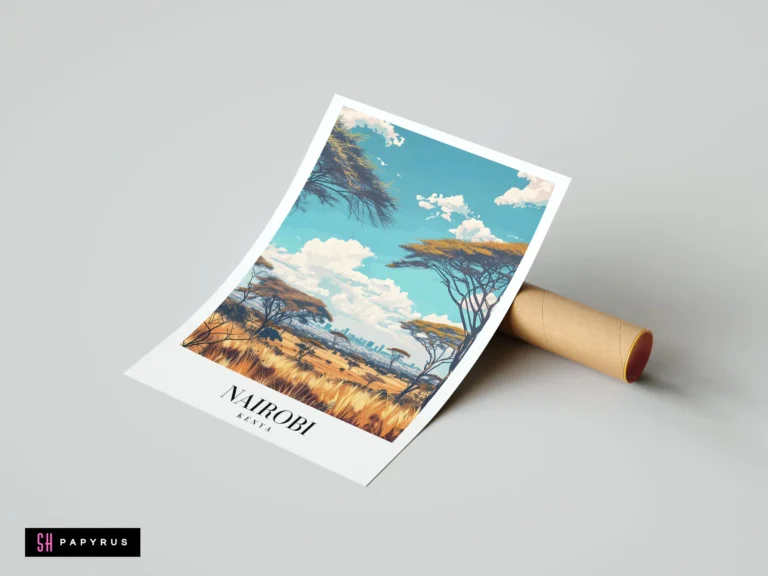 Vintage-style Nairobi travel poster featuring acacia trees, golden savanna, and a distant city skyline.
