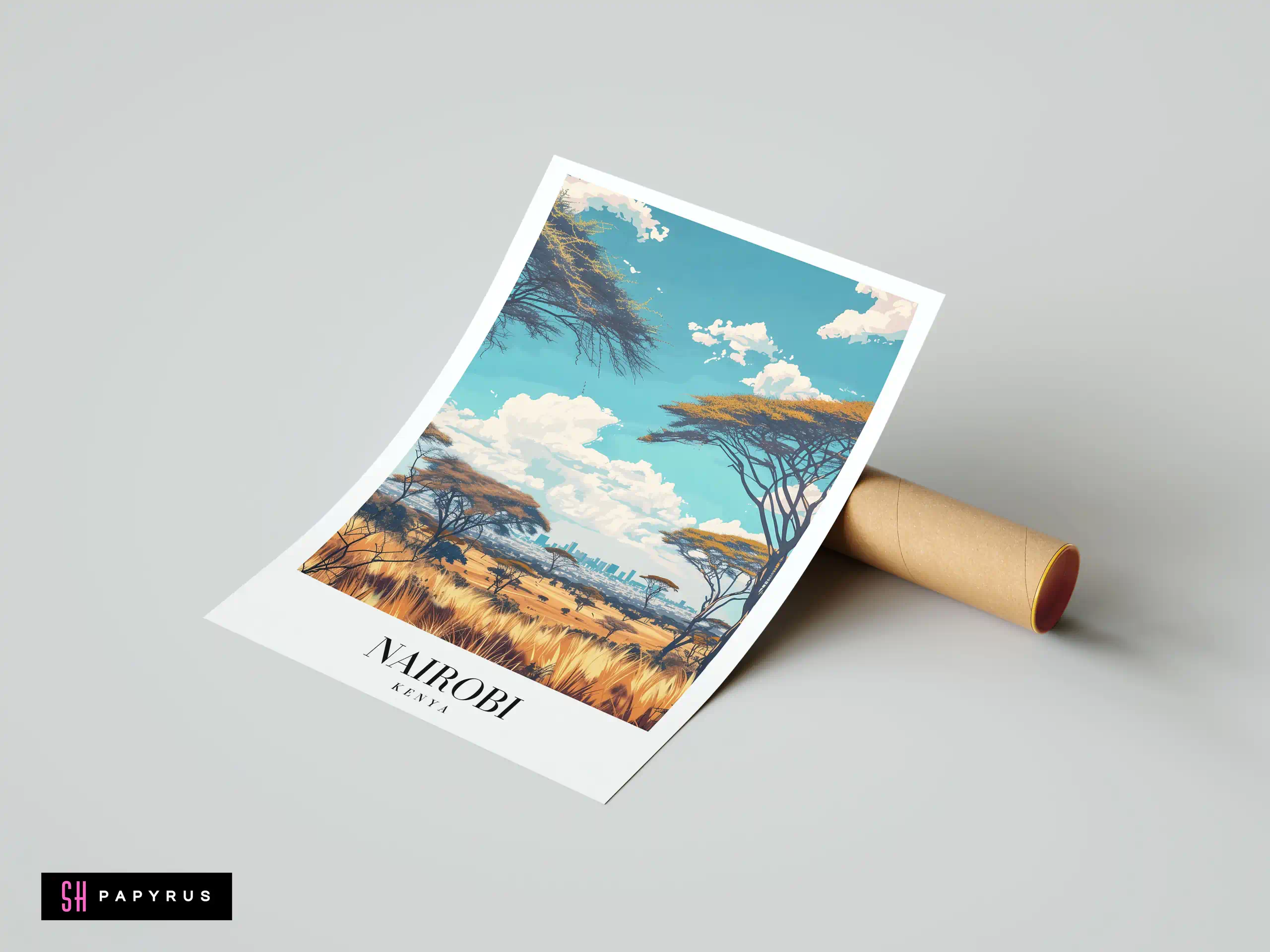 Vintage-style Nairobi travel poster featuring acacia trees, golden savanna, and a distant city skyline.