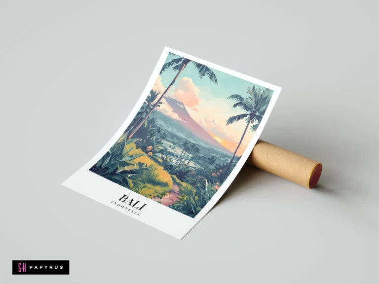 Stylized Bali travel poster featuring a volcano landscape and palm trees at sunset.