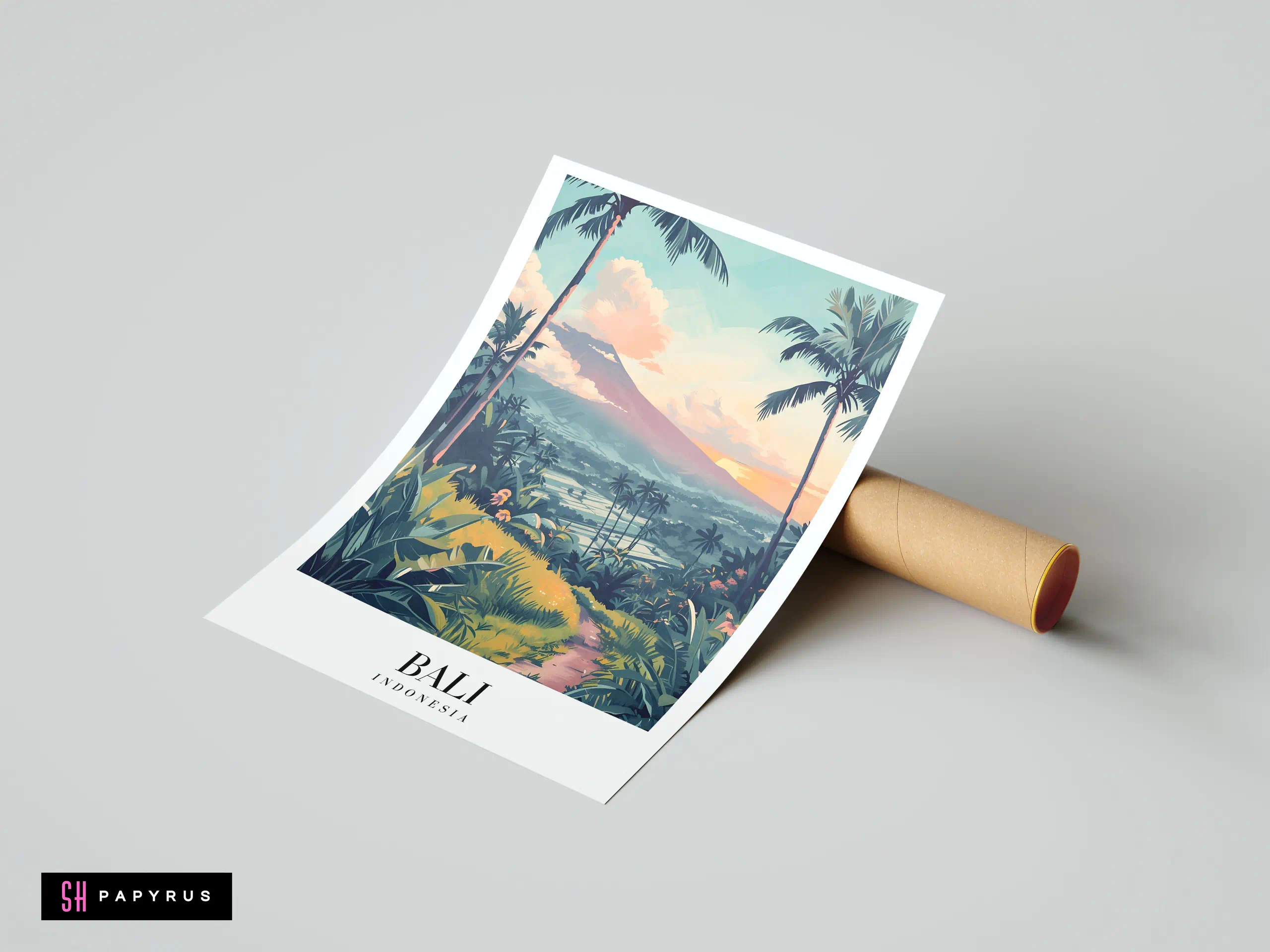 Stylized Bali travel poster featuring a volcano landscape and palm trees at sunset.