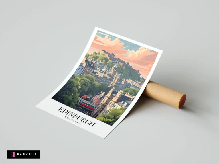 Artistic travel poster of Edinburgh Castle and cityscape under a warm, pastel sunset sky.