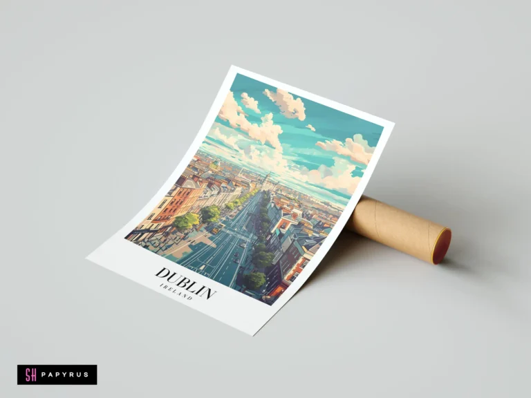 Vibrant Dublin travel poster art featuring a stylized cityscape with colorful buildings and blue sky.