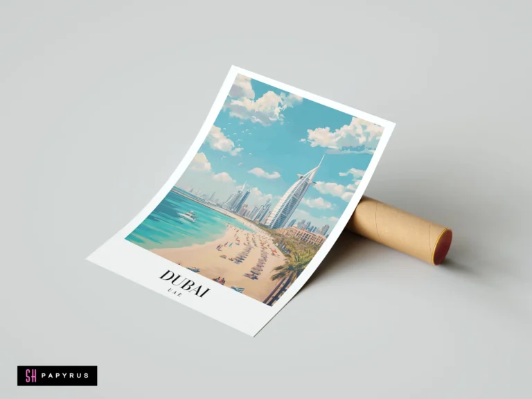 Artistic Dubai travel poster featuring Burj Al Arab, sunny beach, and vibrant blue skies.