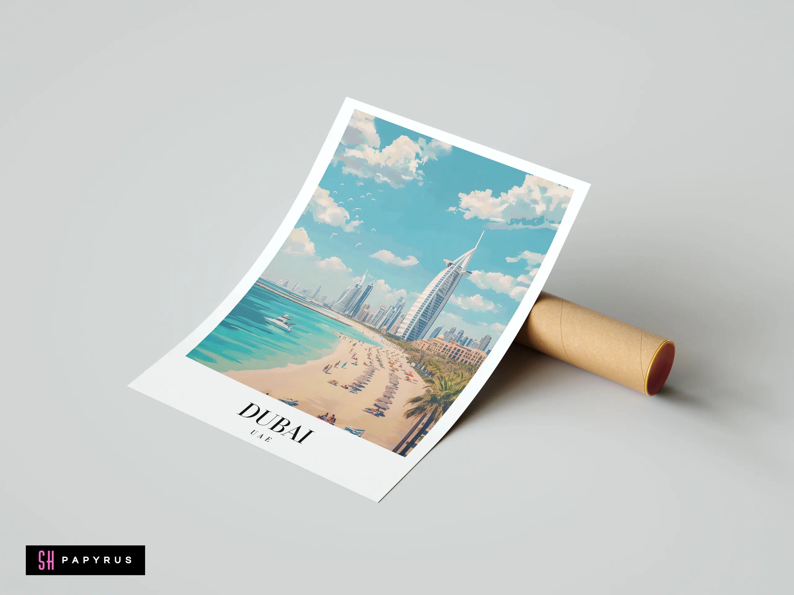 Artistic Dubai travel poster featuring Burj Al Arab, sunny beach, and vibrant blue skies.