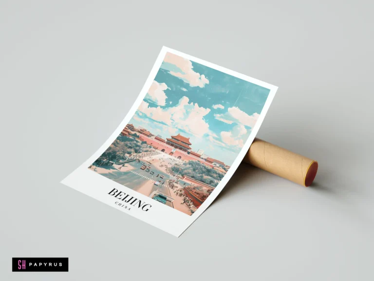 Retro illustrated Beijing travel poster featuring the Forbidden City under a teal cloudy sky.