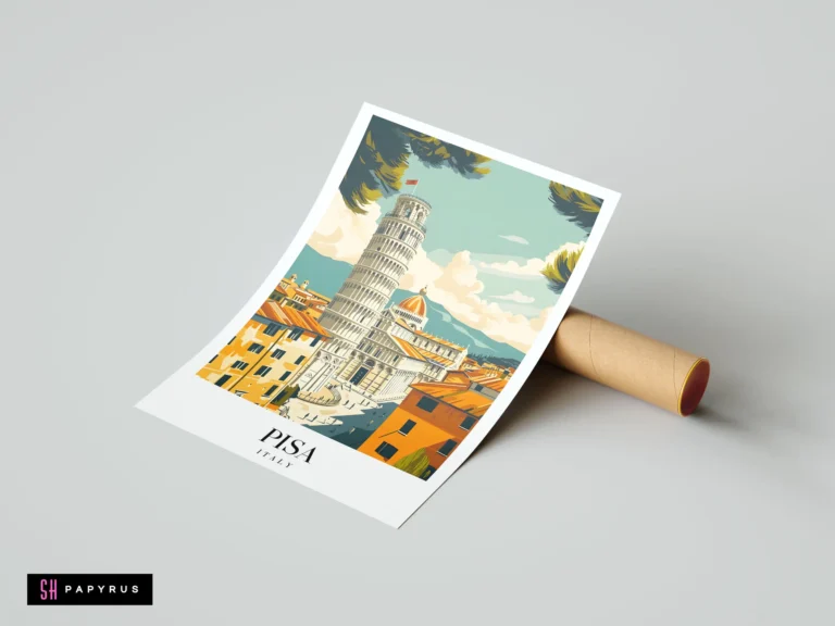 Vintage Pisa travel poster featuring the Leaning Tower, teal sky, and warm orange architecture.
