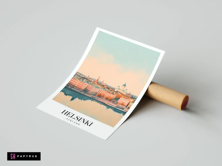 Serene Helsinki cathedral travel poster in minimalist painterly style with soft pastel sunset colors.