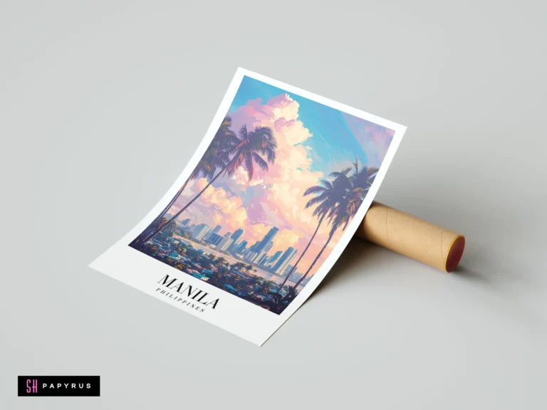 Vibrant Manila travel poster featuring a dramatic sunset, city skyline, and tropical palm trees.