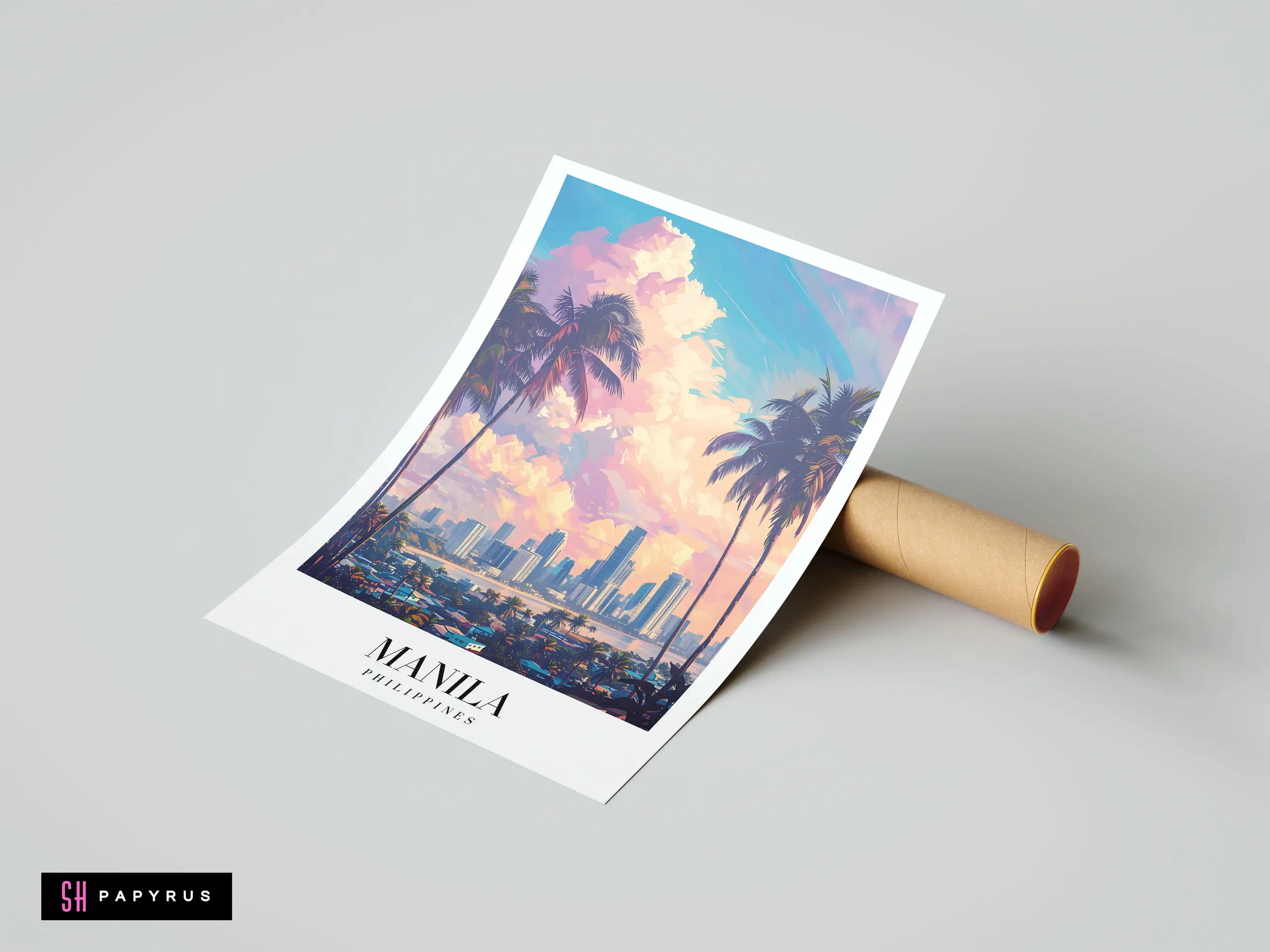 Vibrant Manila travel poster featuring a dramatic sunset, city skyline, and tropical palm trees.
