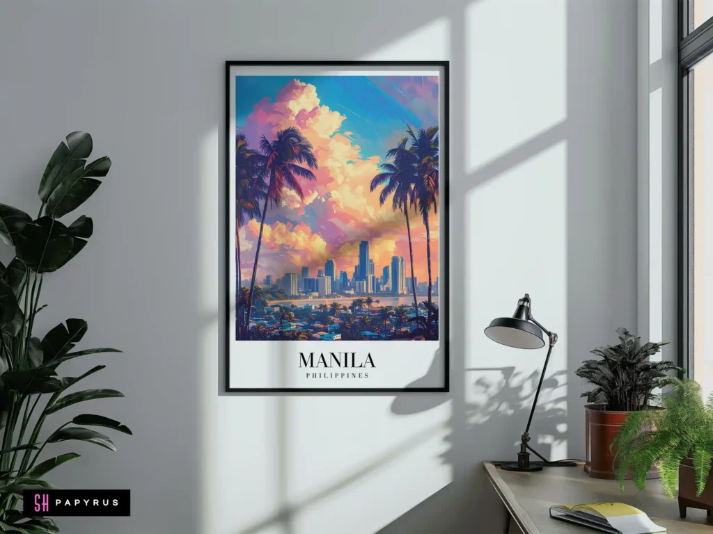 Vibrant Manila travel poster featuring a sunset city skyline with dramatic clouds and palm trees.