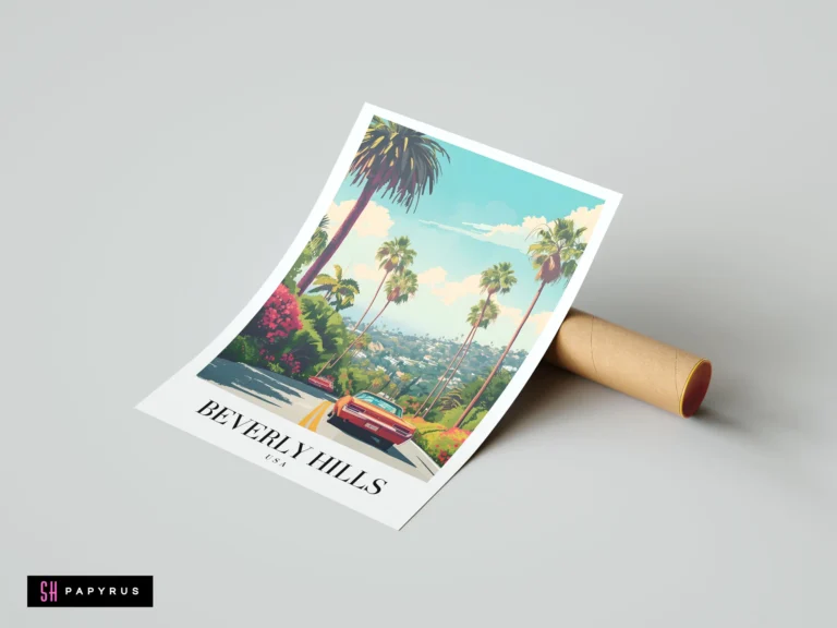 Retro Beverly Hills art print featuring a vintage car on a palm tree-lined street.