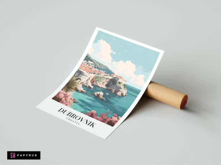 Vintage-style travel poster of Dubrovnik, Croatia featuring terracotta roofs and turquoise Adriatic Sea.