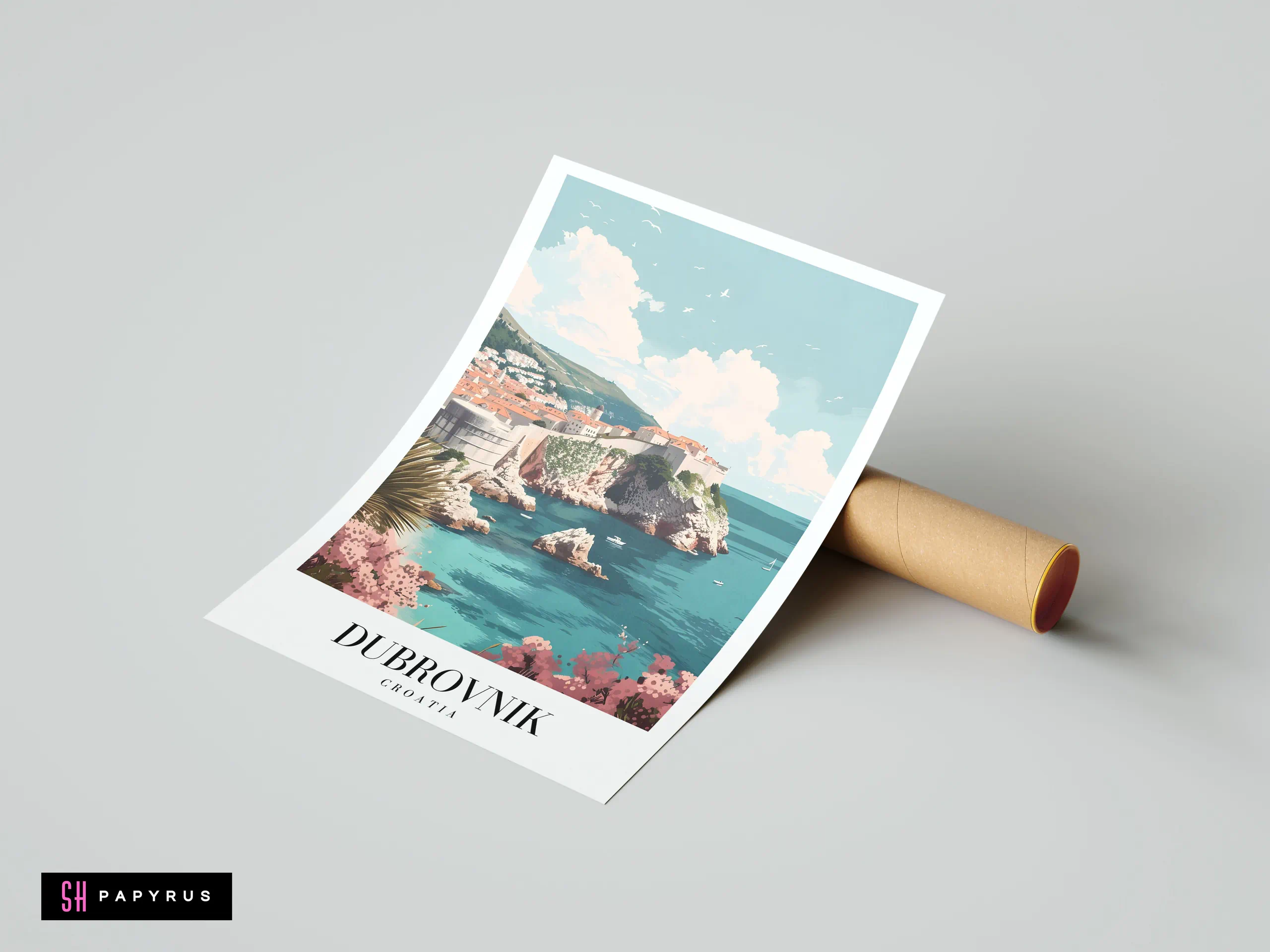 Vintage-style travel poster of Dubrovnik, Croatia featuring terracotta roofs and turquoise Adriatic Sea.
