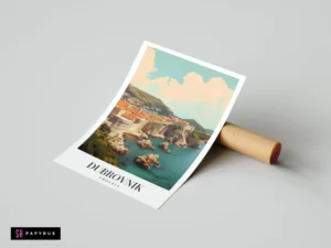 Retro travel poster of Dubrovnik Croatia city walls, orange rooftops, and turquoise Adriatic Sea.
