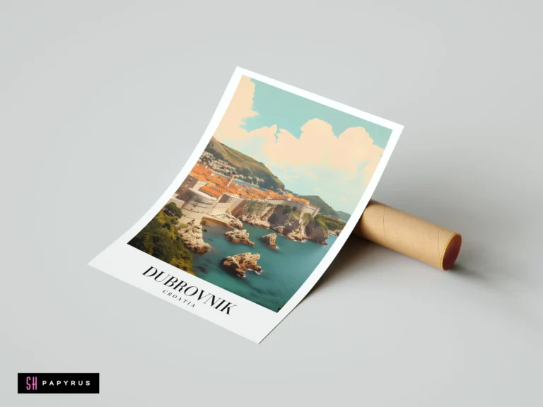 Retro travel poster of Dubrovnik Croatia city walls, orange rooftops, and turquoise Adriatic Sea.