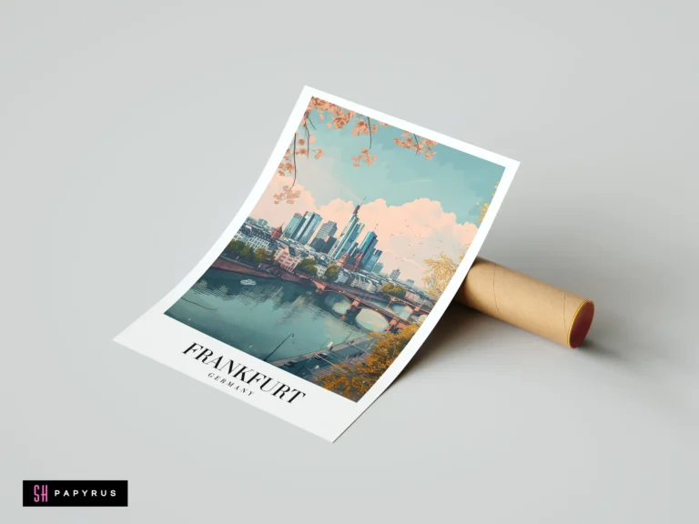 Stylized autumn Frankfurt city skyline illustration with river reflections and warm peach and teal colors.