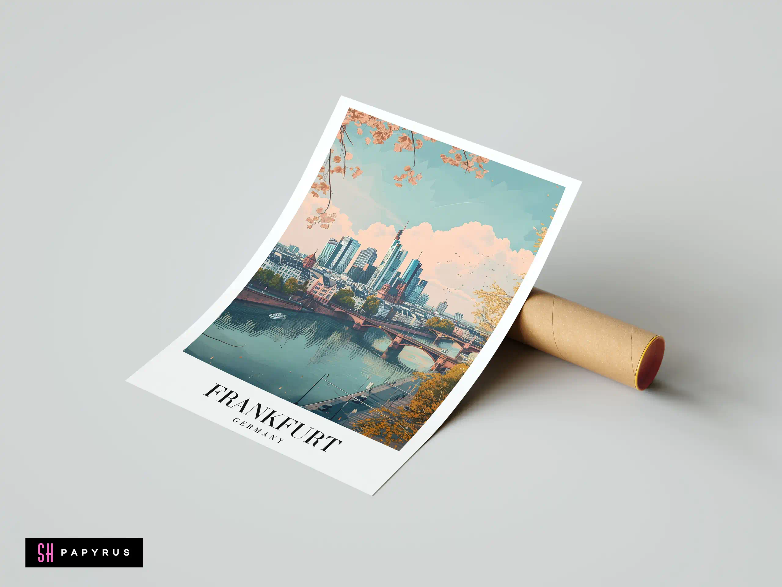 Stylized autumn Frankfurt city skyline illustration with river reflections and warm peach and teal colors.