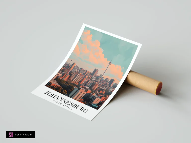 Retro-style Johannesburg skyline art print with vibrant orange clouds and teal sky.