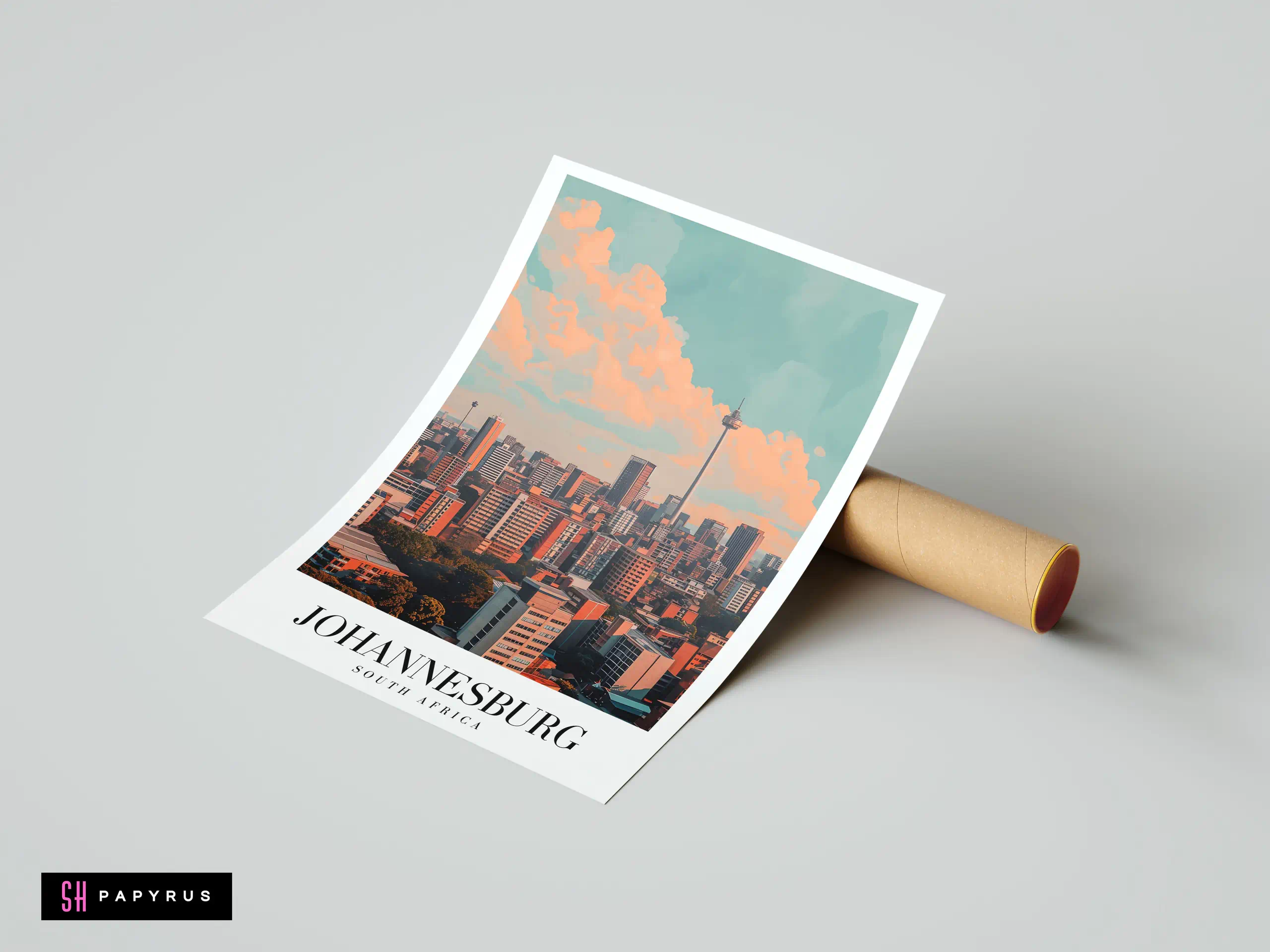 Retro-style Johannesburg skyline art print with vibrant orange clouds and teal sky.