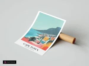 Stylized Cape Town travel poster featuring colorful houses, Table Mountain, and vibrant coastal scenery.
