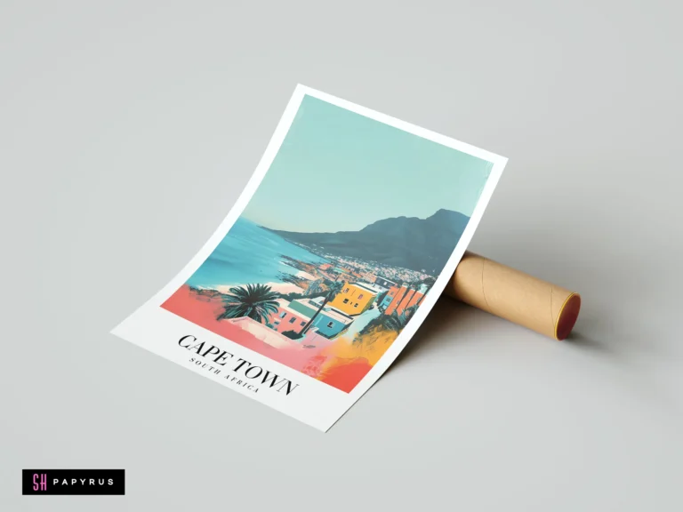 Stylized Cape Town travel poster featuring colorful houses, Table Mountain, and vibrant coastal scenery.